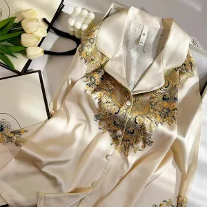 طقم مخصص أساسي منتظم ومطرز طقم من قطعتين بيجامات حريرية فاخرة فارغة للنساء أطقم ملابس نوم نسائيةCustom Basic Regular Fit Embroidered 2 Piece Set Luxury Blank Silk Pajamas for Women Sleepwear Sets