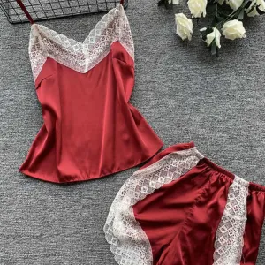 طقم بيجامات حريرية مثيرة Women's Plus Size Sexy Silk Pajamas Set Top and Shorts