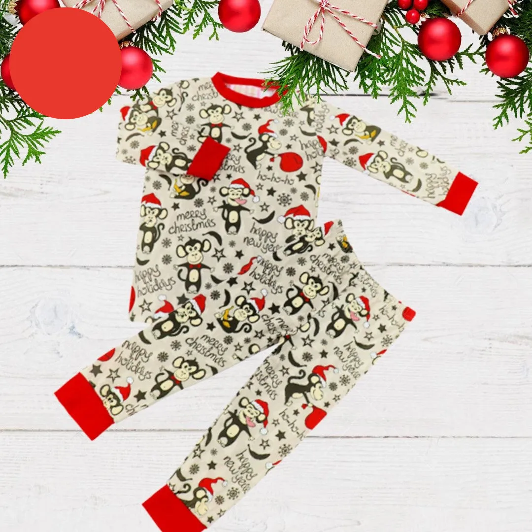 $7.50 EA -- 12-24M X 2/2-3T X 2/3-4T X 2/5-6T X 2 -- Kids 2 Pc Christmas Pajamas - Monkeys