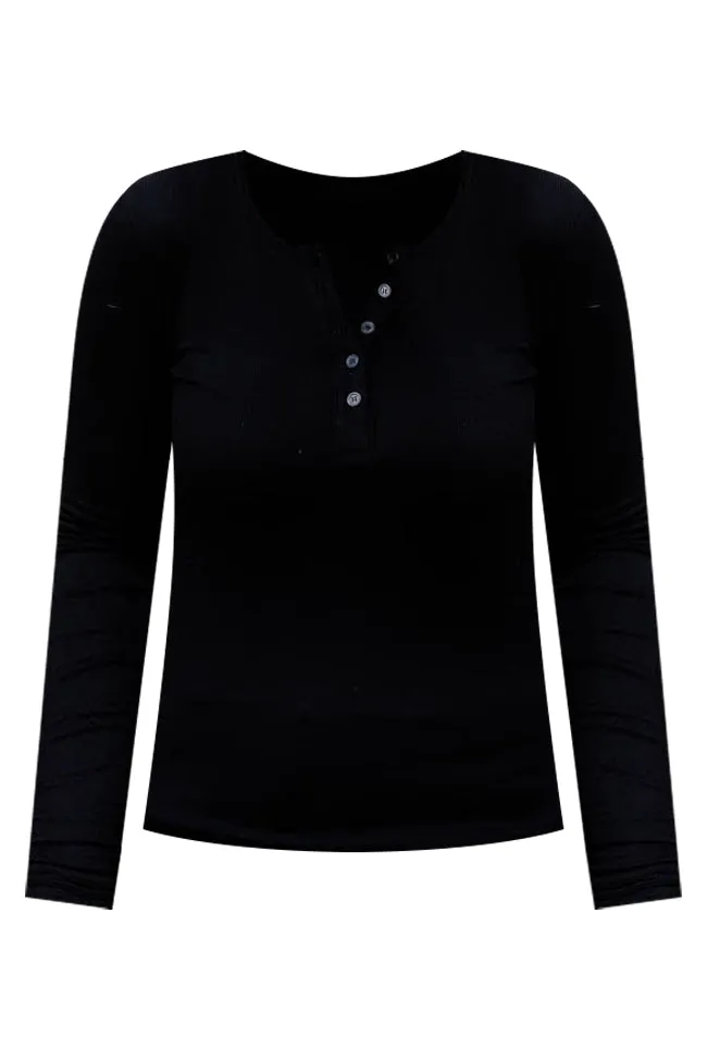 All The Better Black Ribbed Knit Henley Long Sleeve Tee
