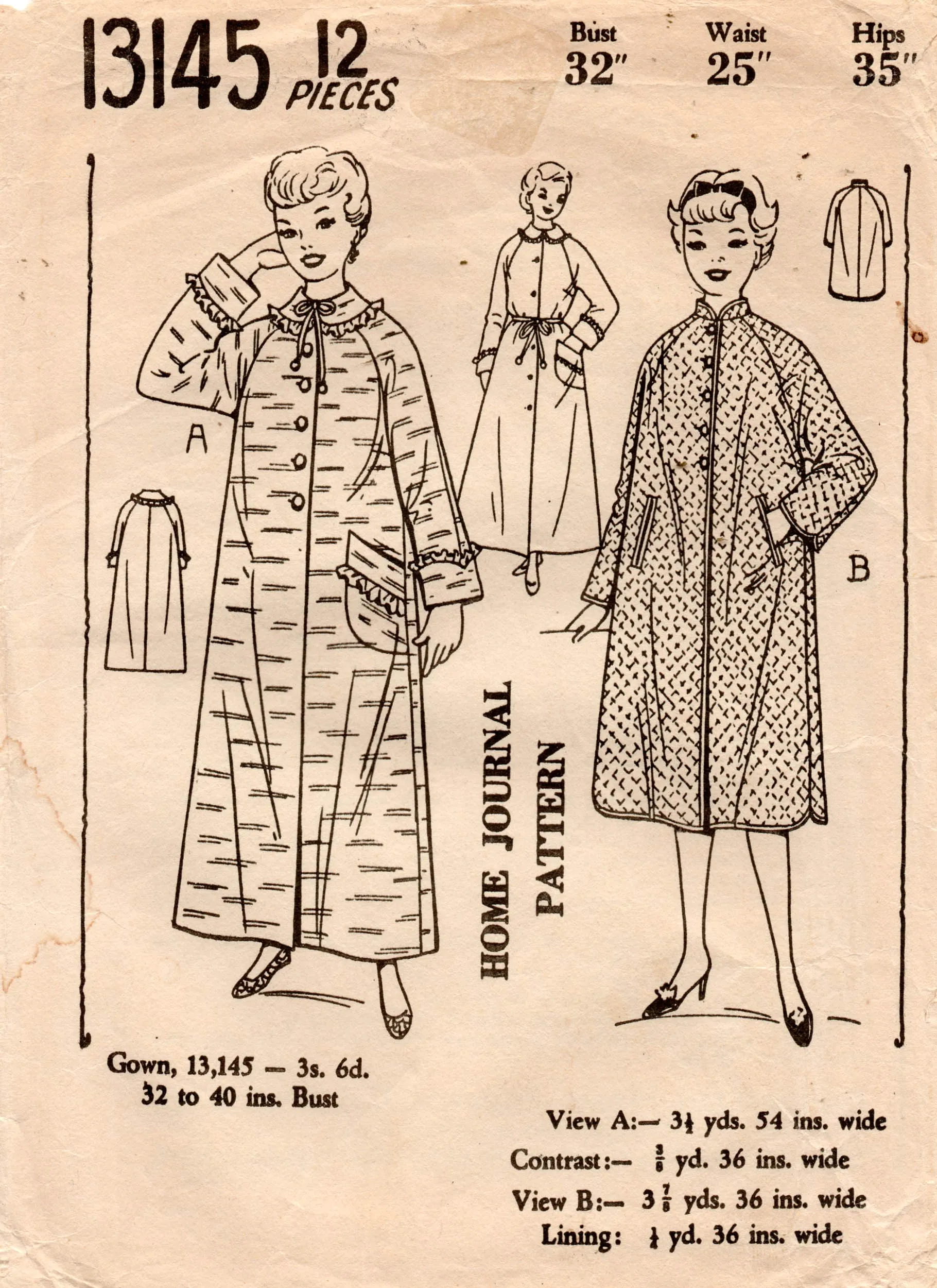Australian Home Journal 13145 Womens Raglan Sleeved Robe with Mandarin or Peter Pan Collar 1950s Vintage Sewing Pattern Bust 32 inches