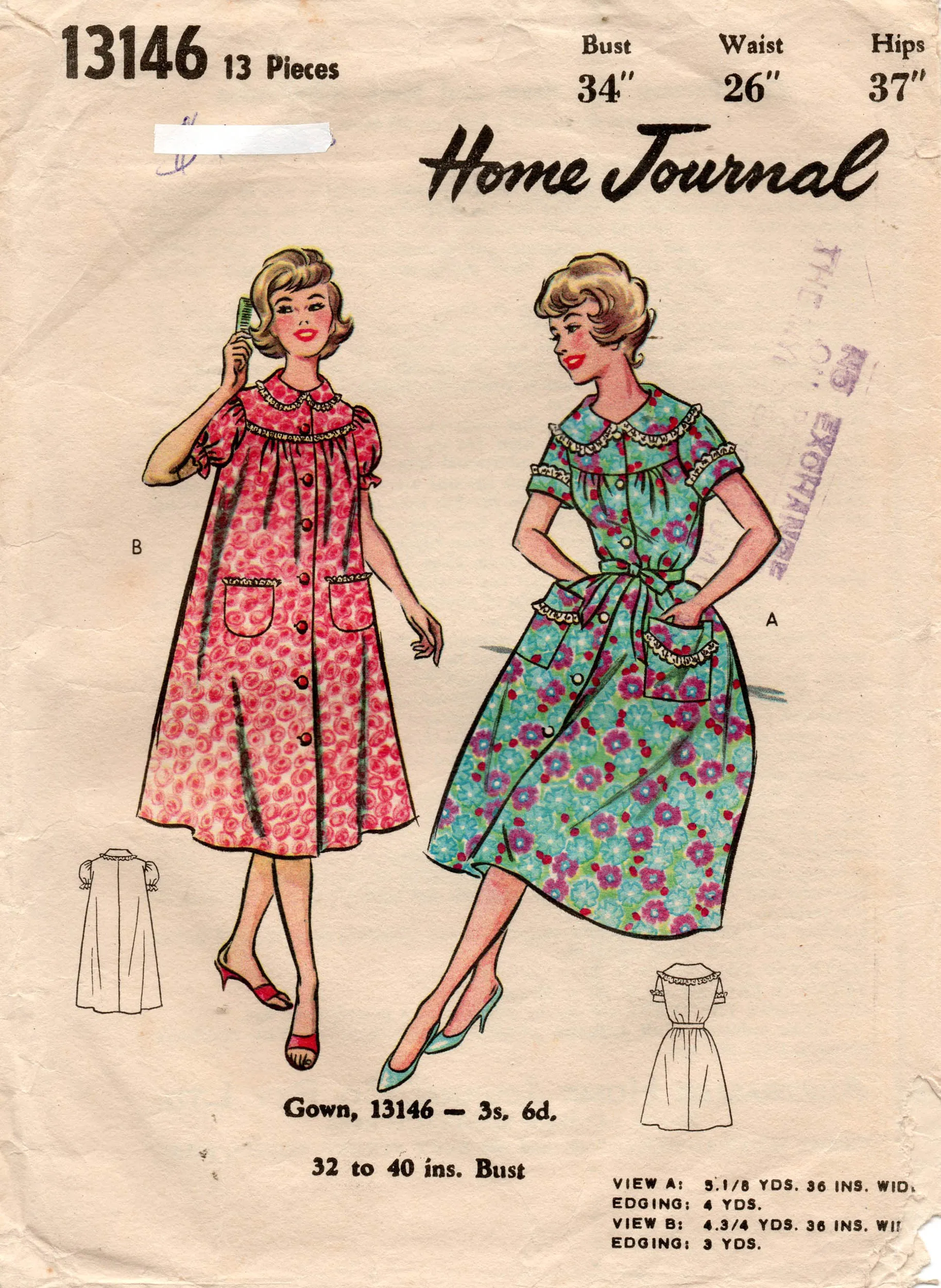 Australian Home Journal 13146 Womens Retro Nightgowns 1960s Vintage Sewing Pattern Bust 34 inches