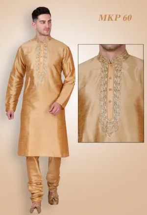 Beige Mens Embroidered Kurta Pyjama Set