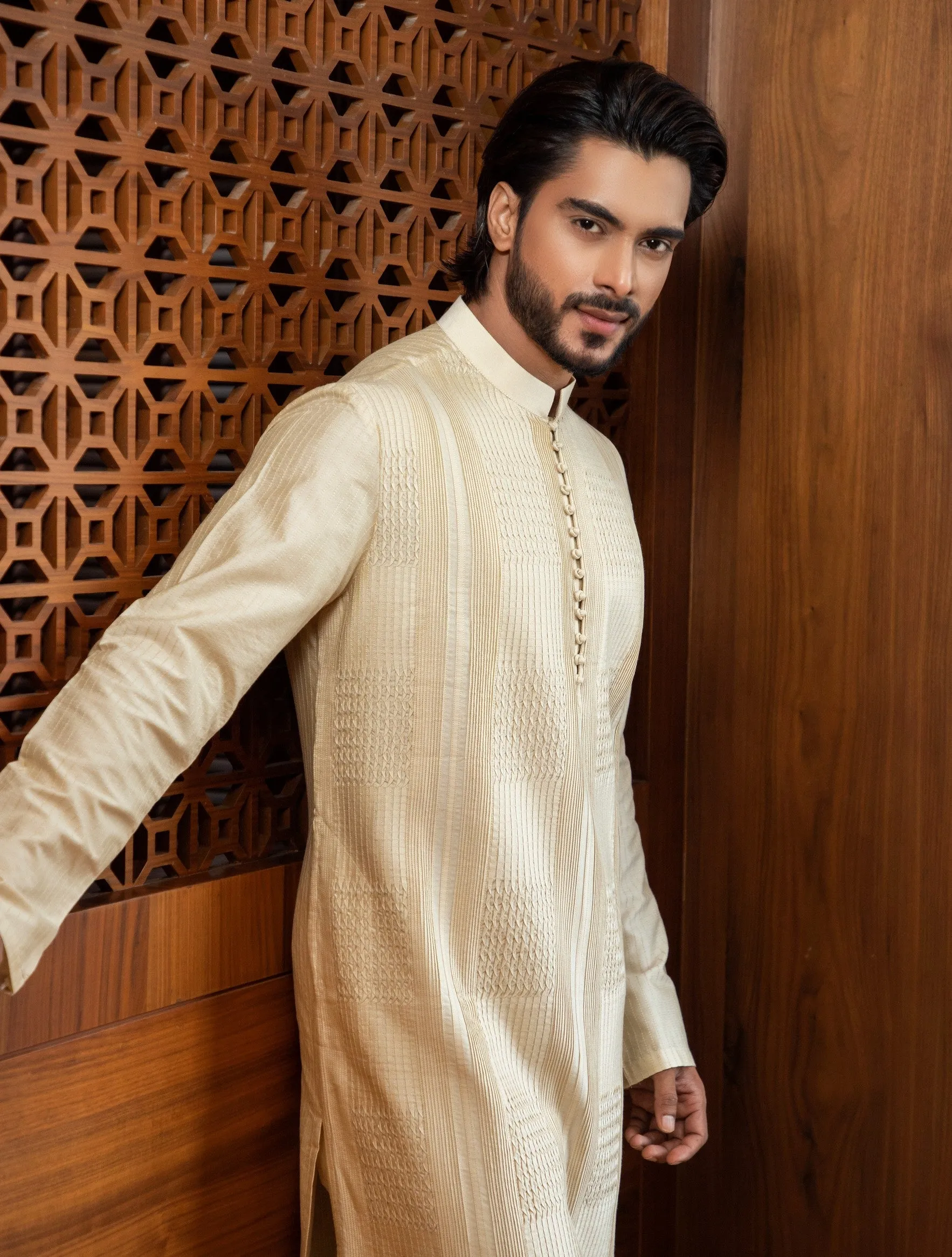 Beige Pintuck Kurta Set
