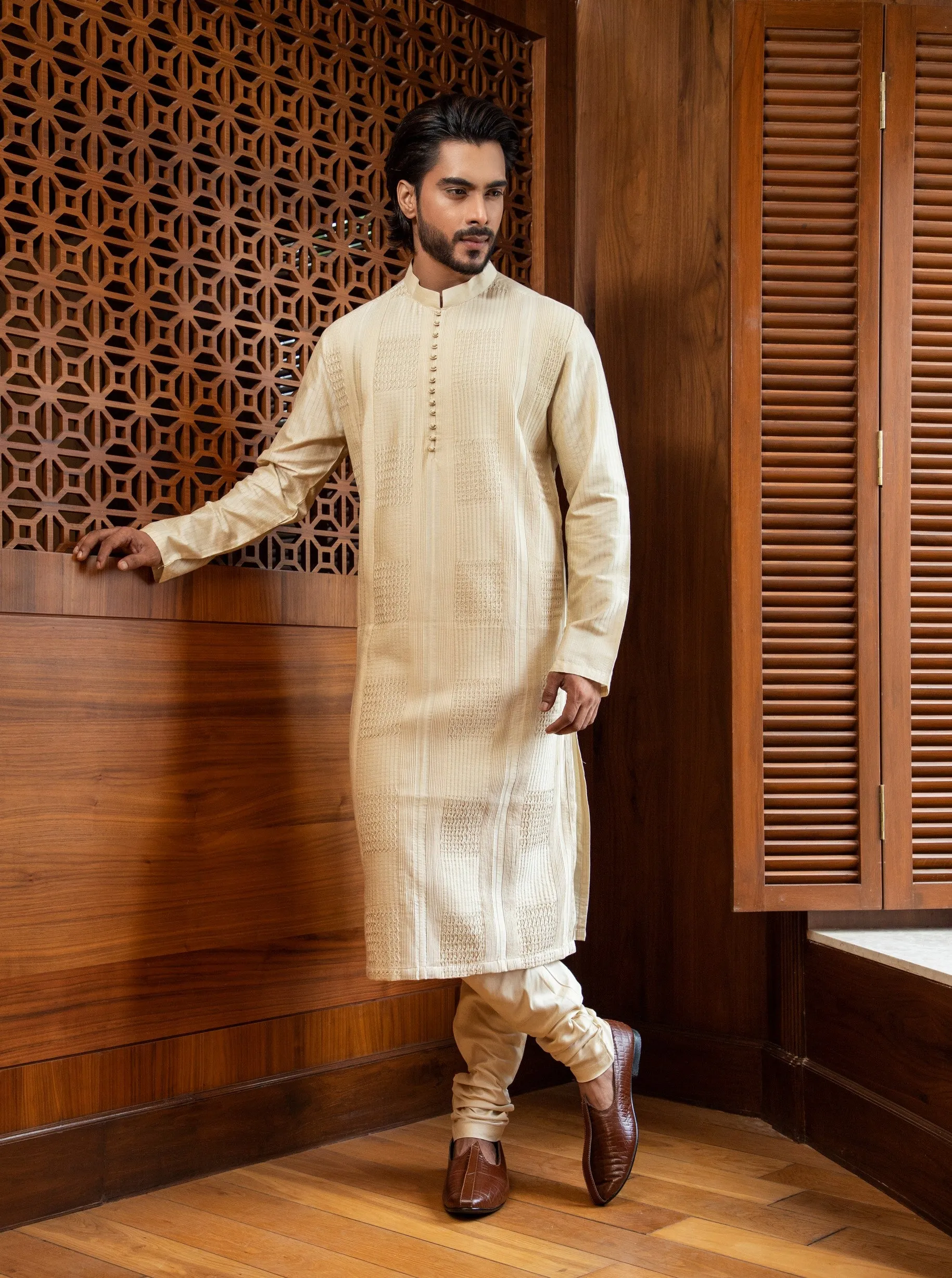 Beige Pintuck Kurta Set