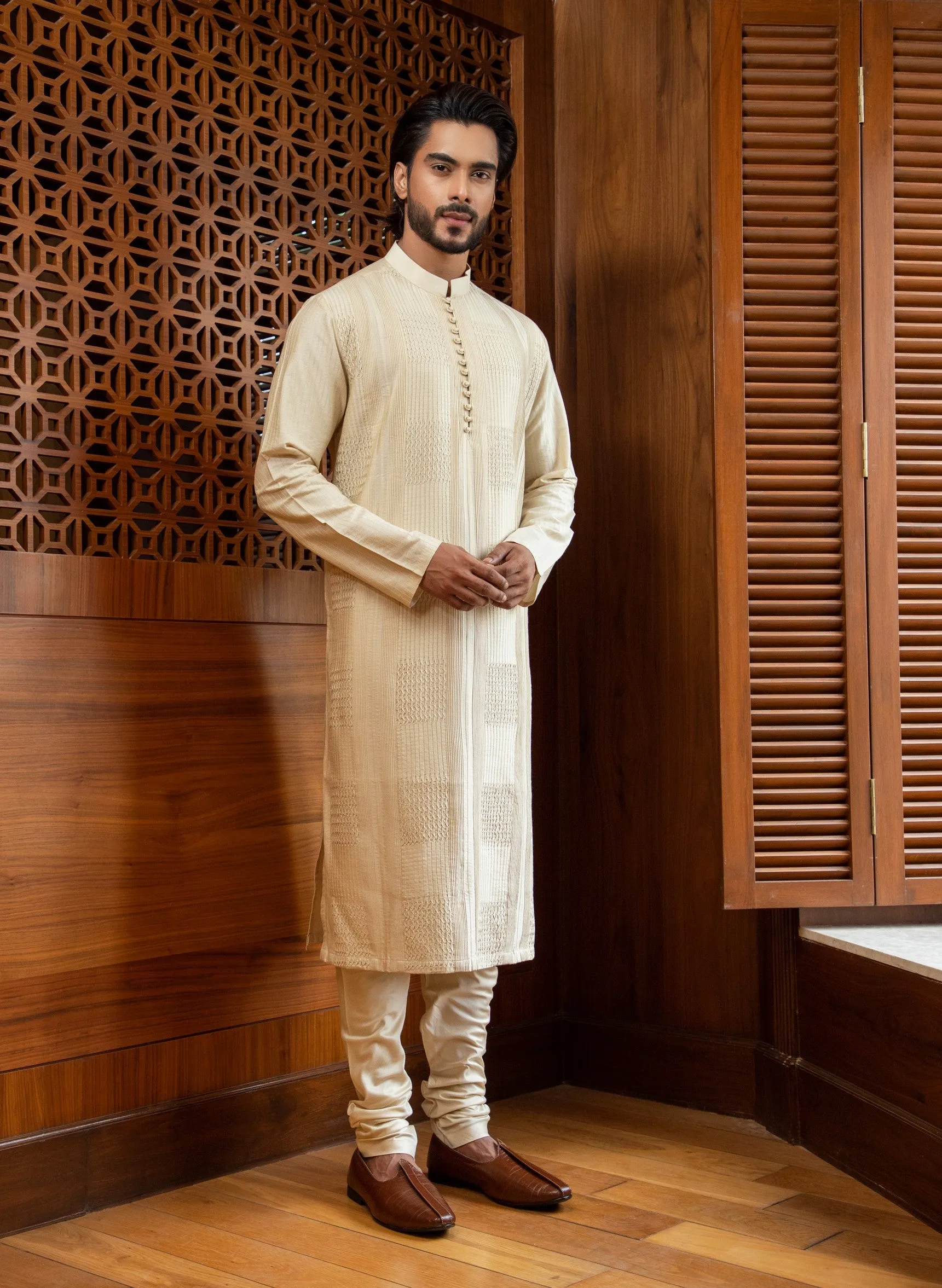 Beige Pintuck Kurta Set