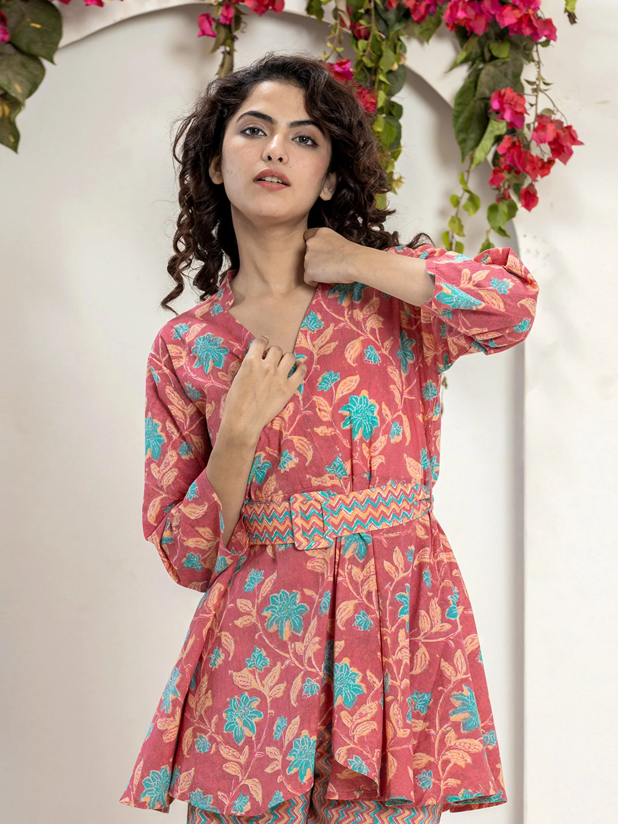 Belt style Coral Mesh Pure Cotton Hand Printed Loungewear
