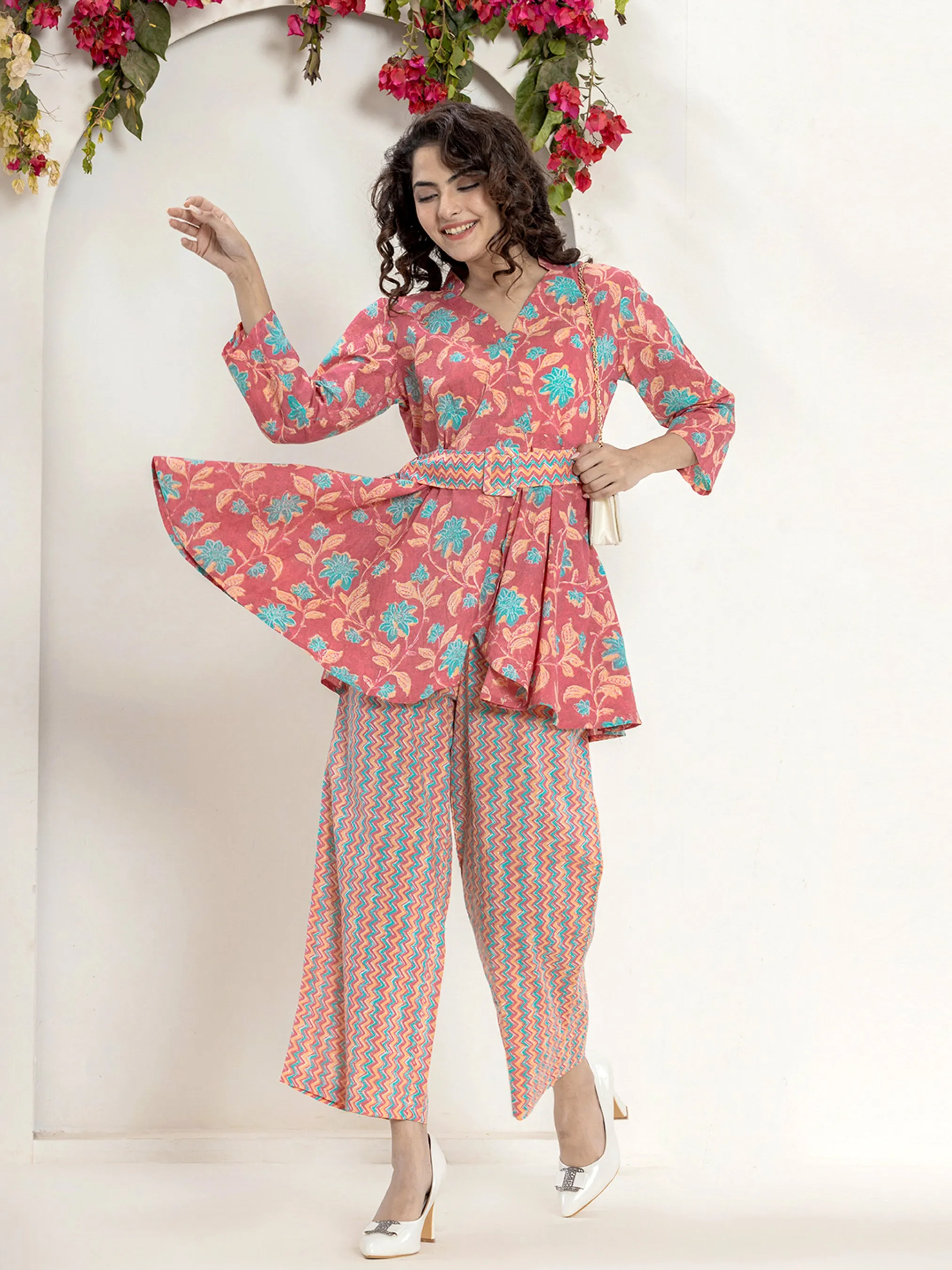 Belt style Coral Mesh Pure Cotton Hand Printed Loungewear