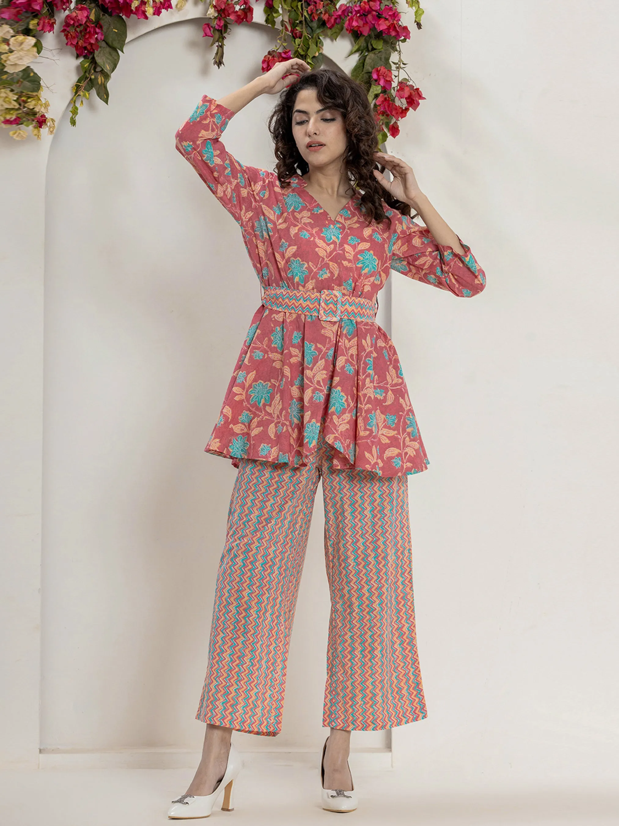 Belt style Coral Mesh Pure Cotton Hand Printed Loungewear