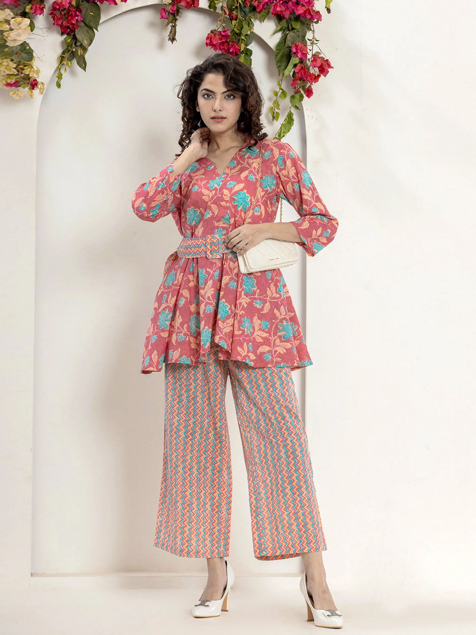 Belt style Coral Mesh Pure Cotton Hand Printed Loungewear