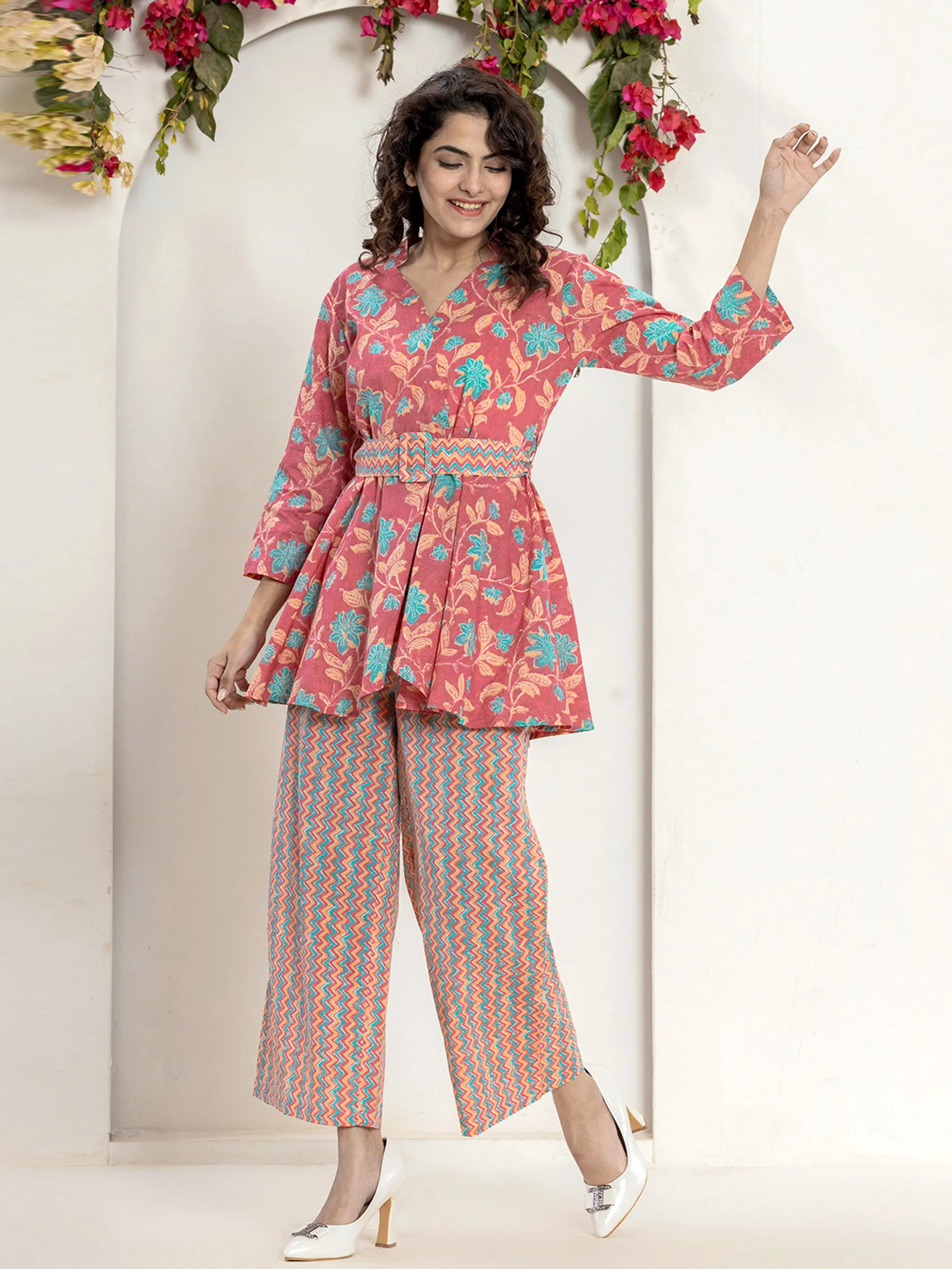 Belt style Coral Mesh Pure Cotton Hand Printed Loungewear