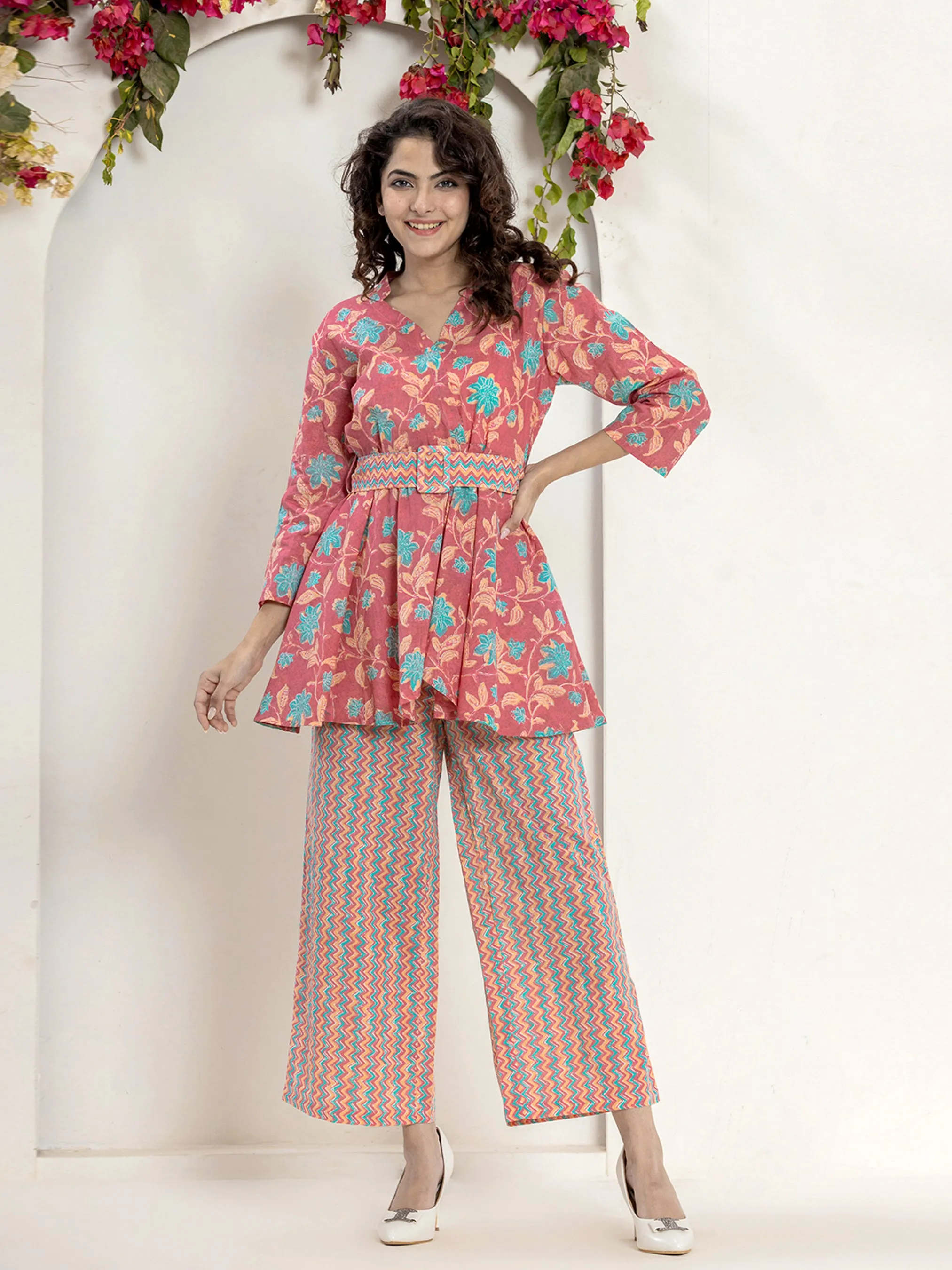 Belt style Coral Mesh Pure Cotton Hand Printed Loungewear