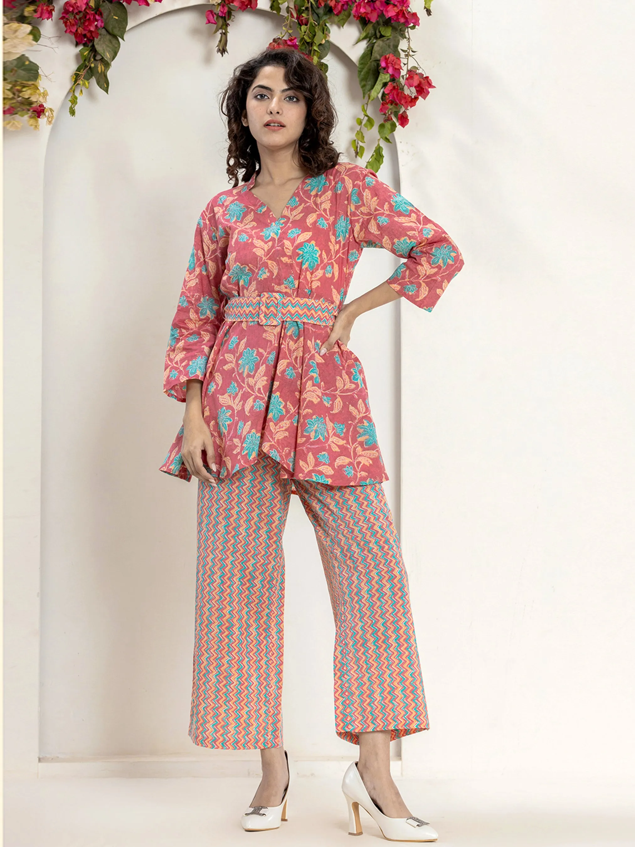 Belt style Coral Mesh Pure Cotton Hand Printed Loungewear