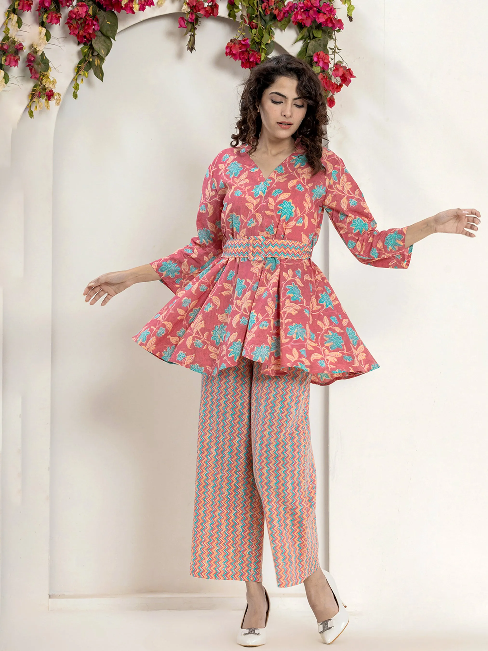Belt style Coral Mesh Pure Cotton Hand Printed Loungewear