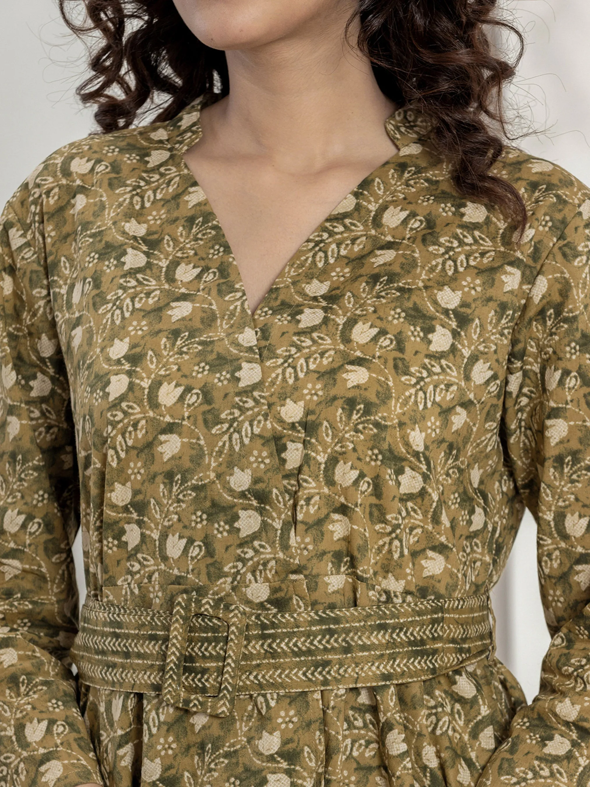 Belt style Green beige Mesh Pure Cotton Hand Printed Loungewear