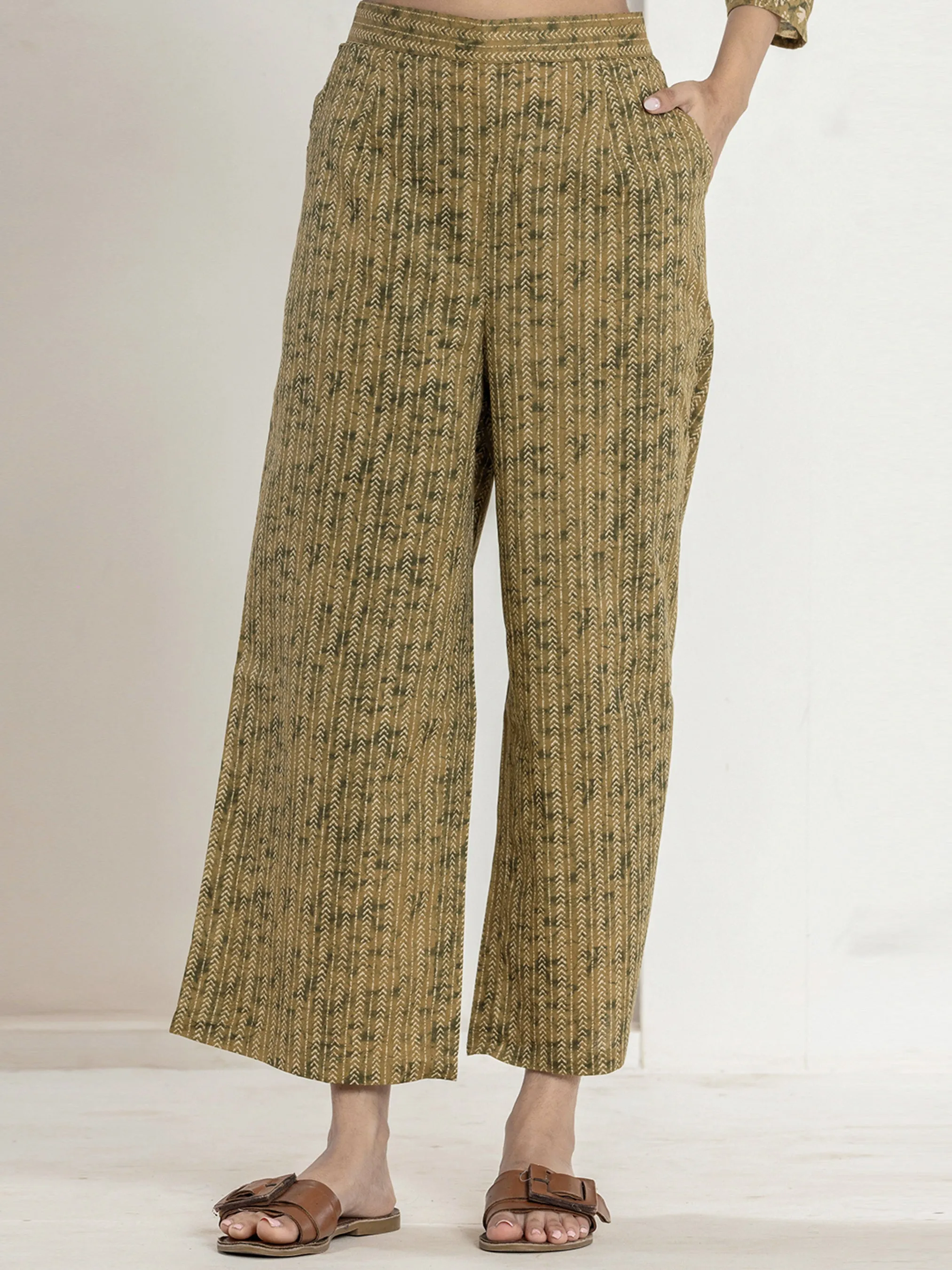 Belt style Green beige Mesh Pure Cotton Hand Printed Loungewear