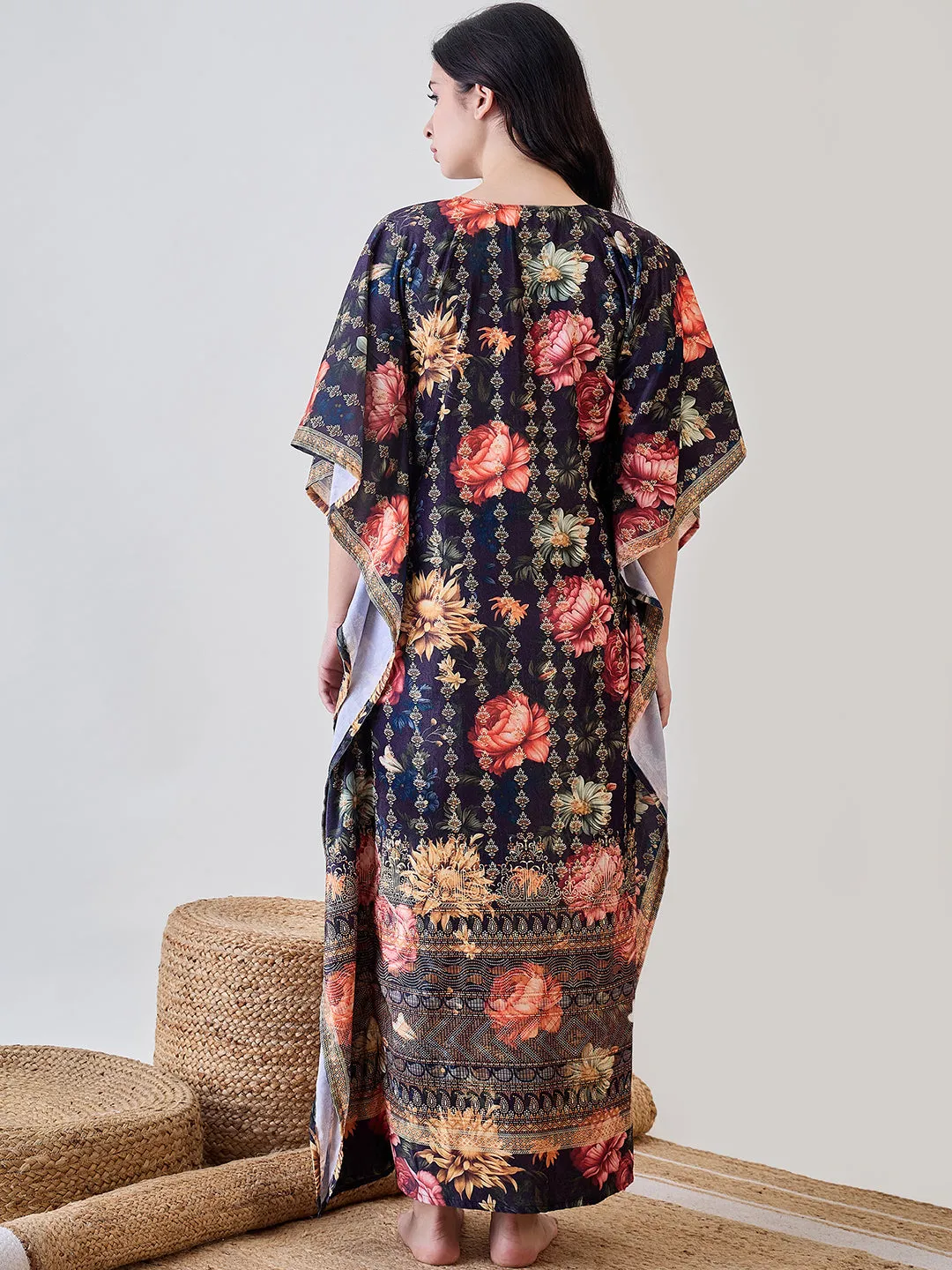 Black Floral Garden Velvet Night Wear Kaftan