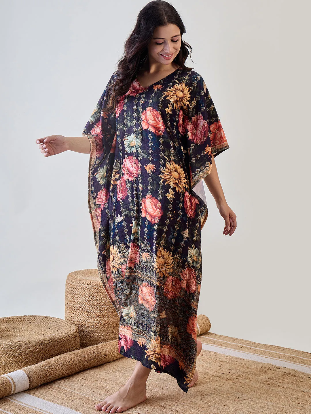 Black Floral Garden Velvet Night Wear Kaftan