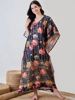 Black Floral Garden Velvet Night Wear Kaftan