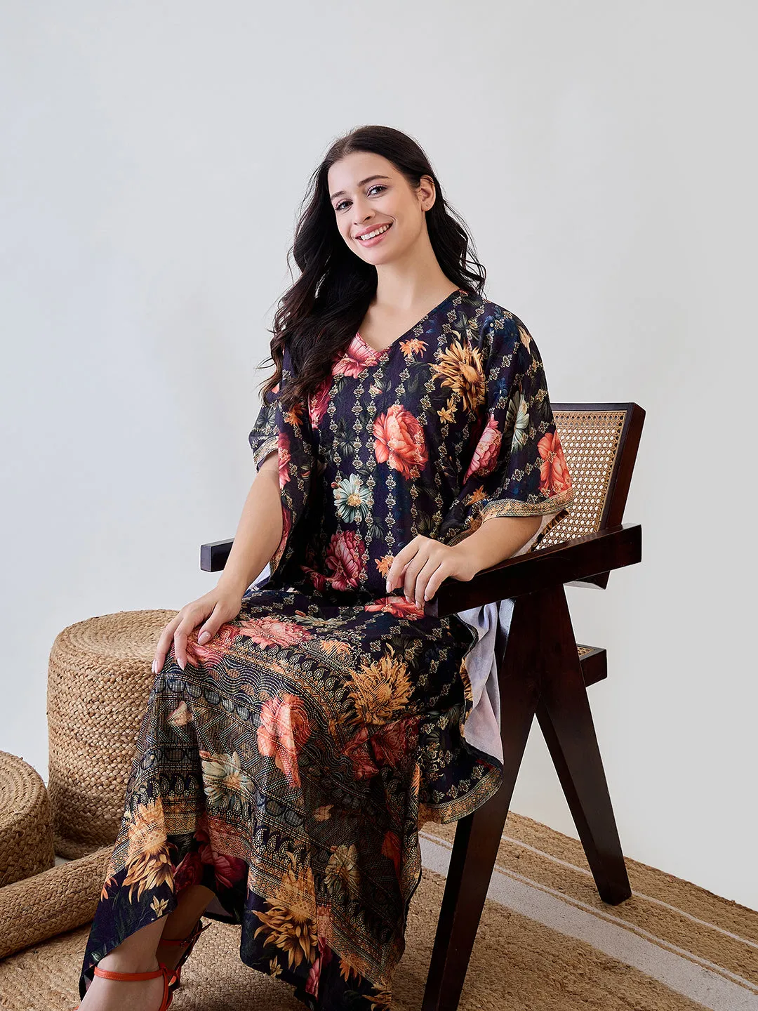 Black Floral Garden Velvet Night Wear Kaftan
