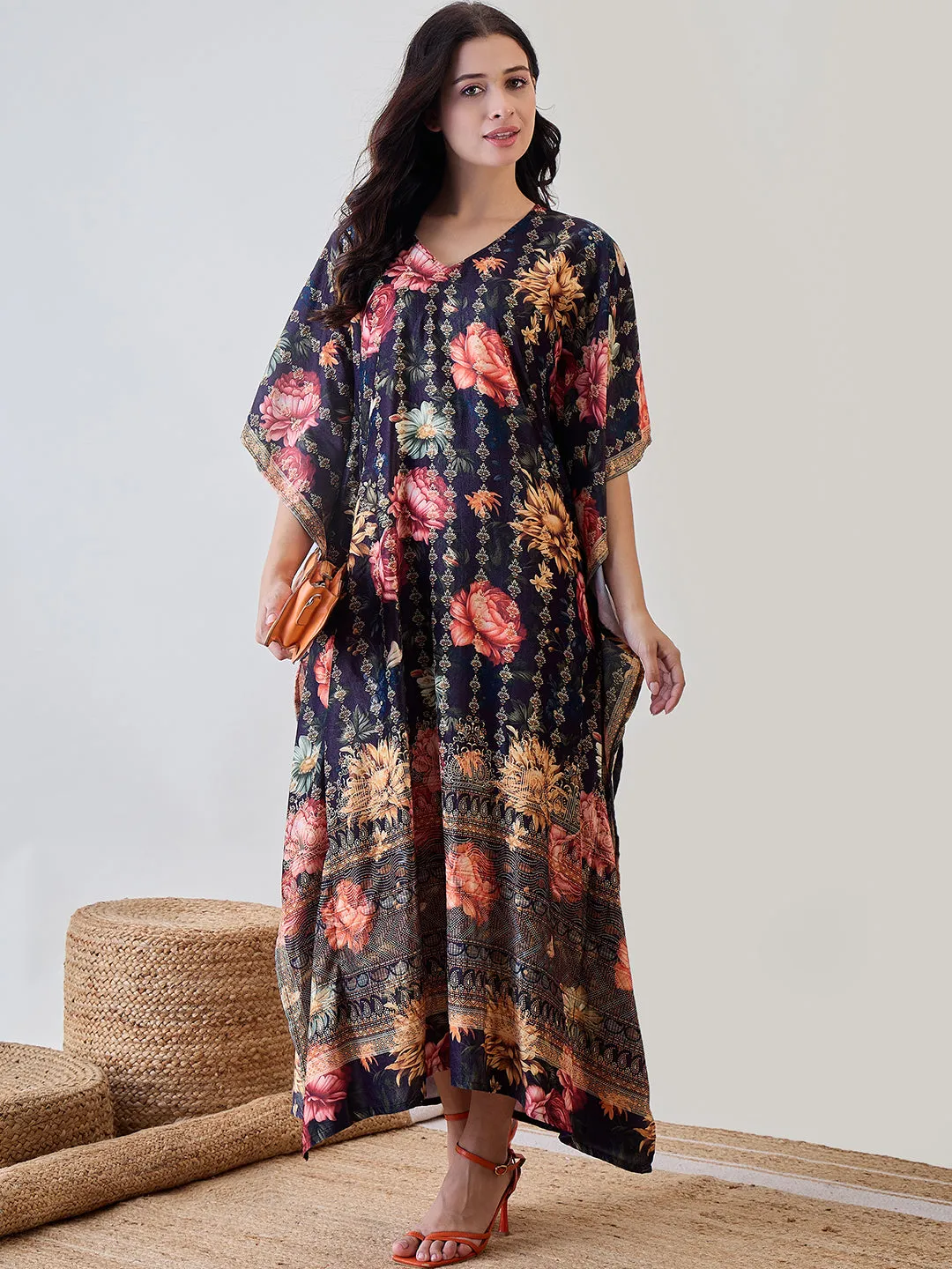 Black Floral Garden Velvet Night Wear Kaftan