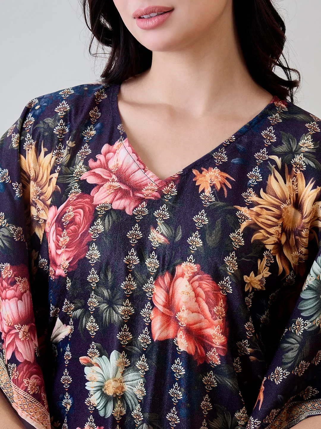 Black Floral Garden Velvet Night Wear Kaftan