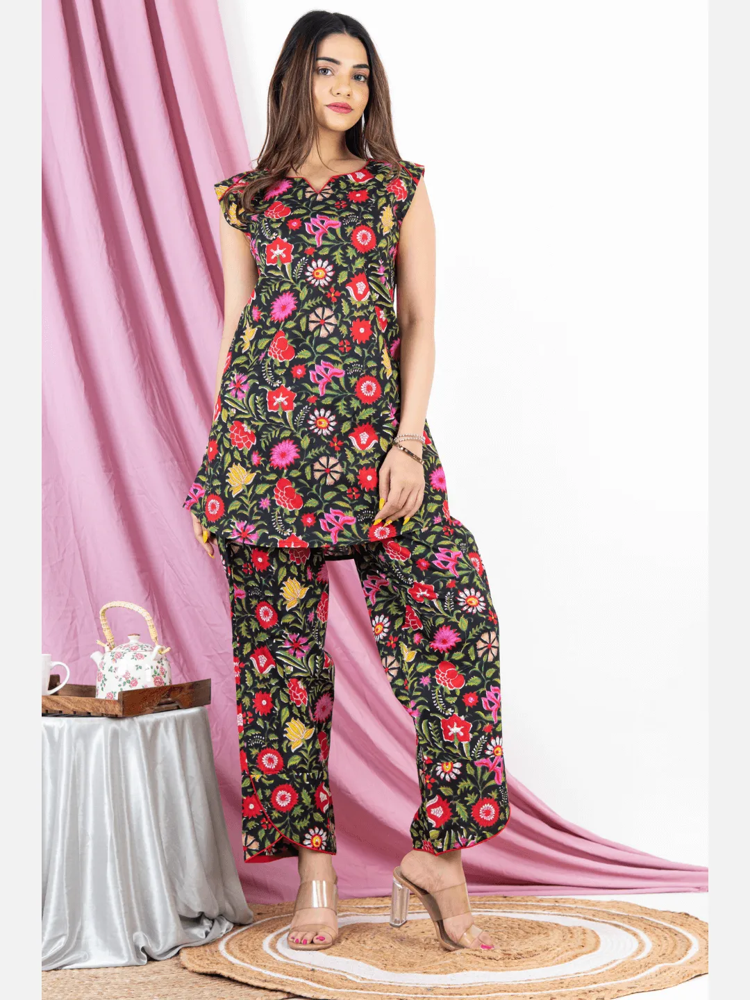 Black Floral Sleeveless Pure Cotton Loungewear