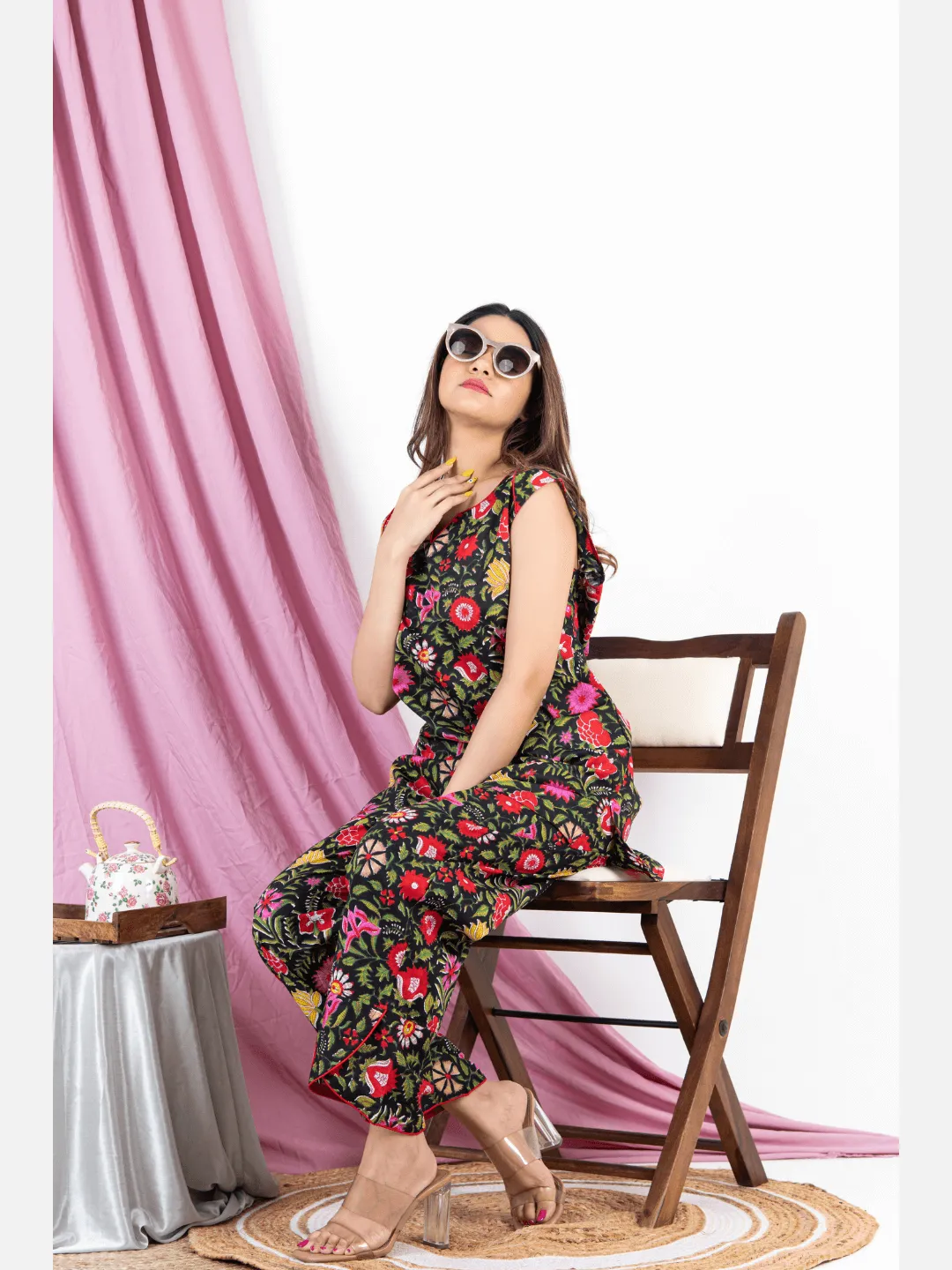 Black Floral Sleeveless Pure Cotton Loungewear