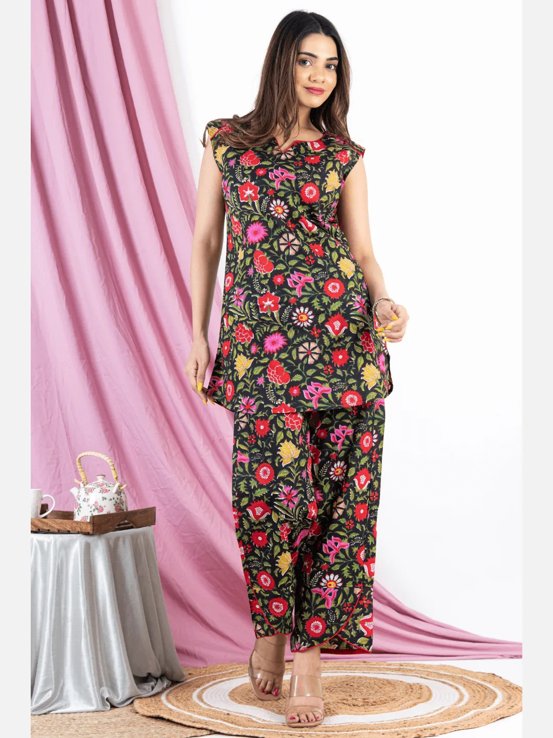 Black Floral Sleeveless Pure Cotton Loungewear