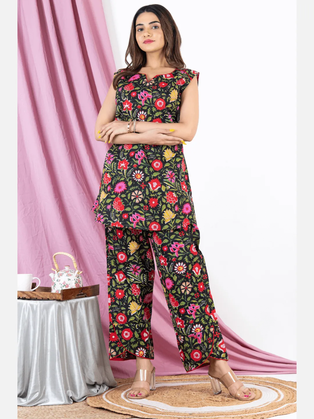 Black Floral Sleeveless Pure Cotton Loungewear