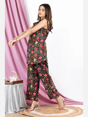 Black Floral Sleeveless Pure Cotton Loungewear