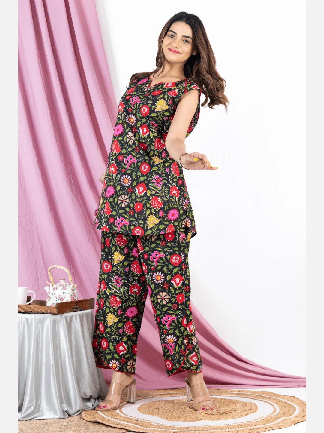 Black Floral Sleeveless Pure Cotton Loungewear