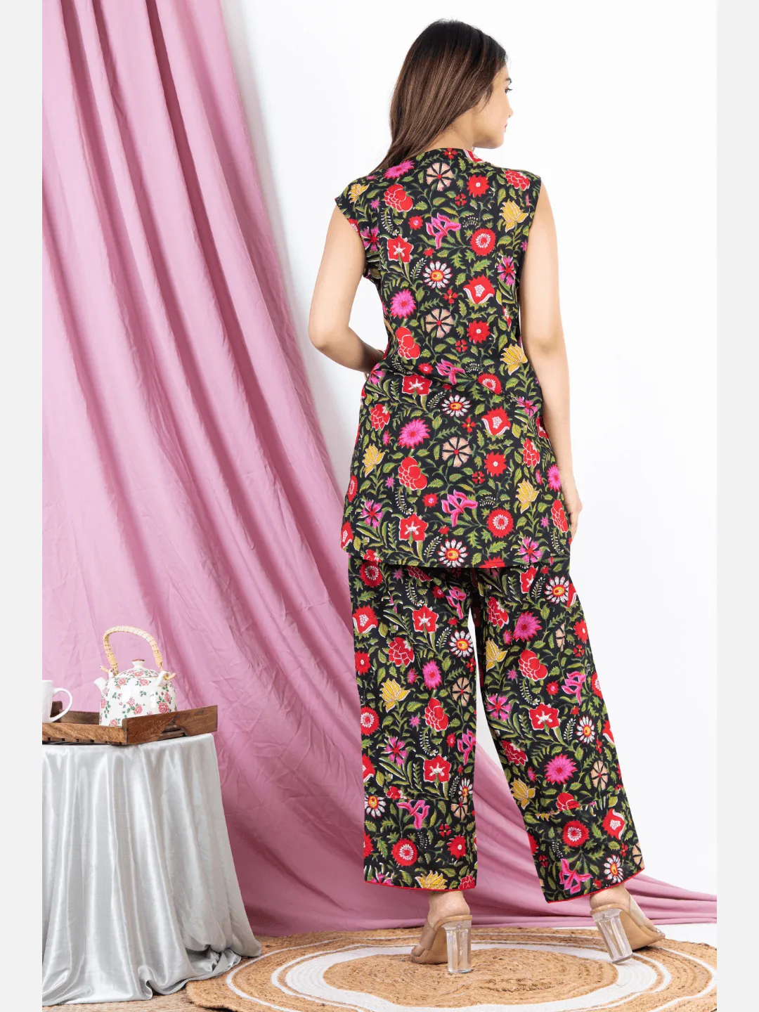 Black Floral Sleeveless Pure Cotton Loungewear