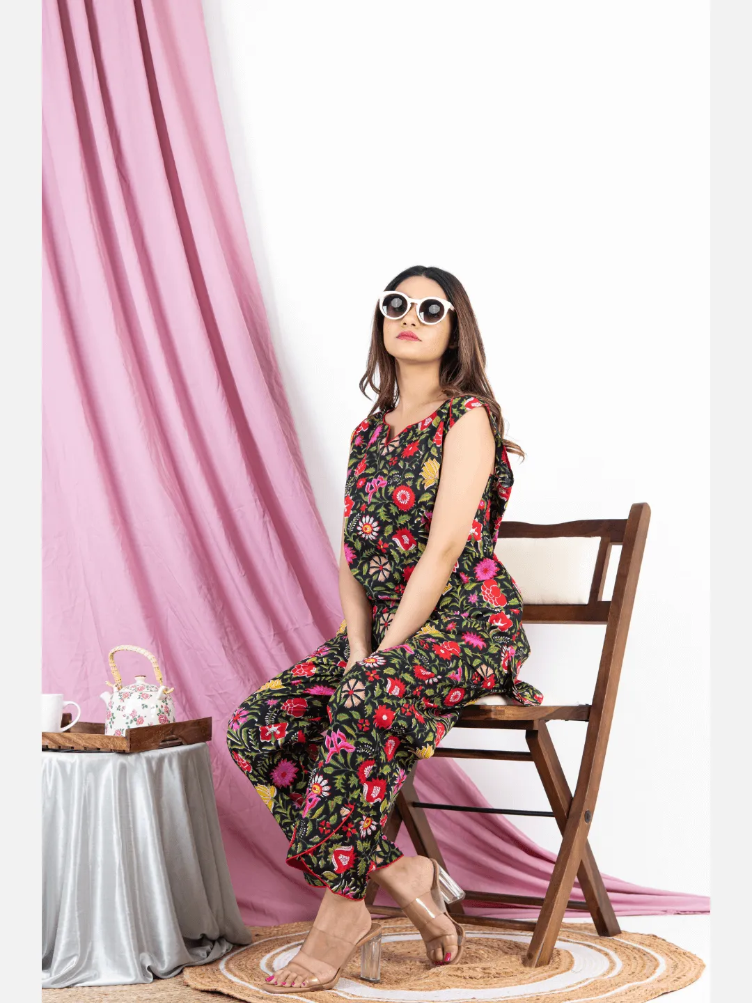 Black Floral Sleeveless Pure Cotton Loungewear