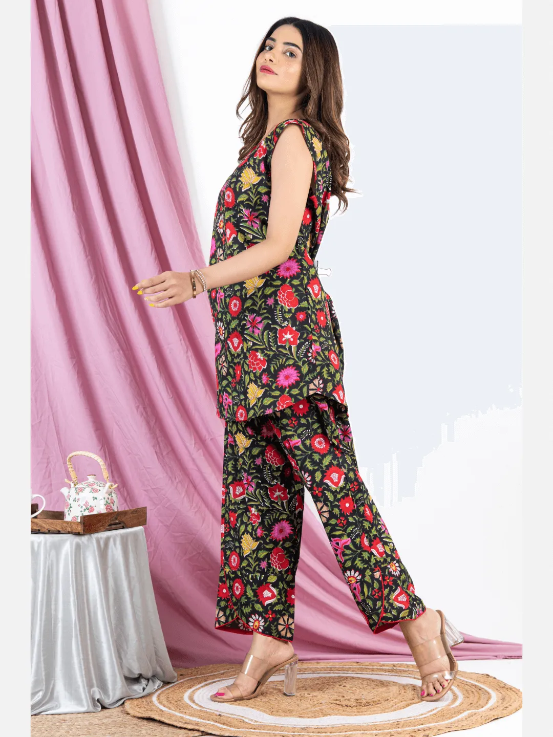 Black Floral Sleeveless Pure Cotton Loungewear