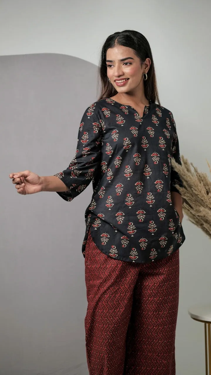 Black Hand Block Pure Cotton Lounge Wear