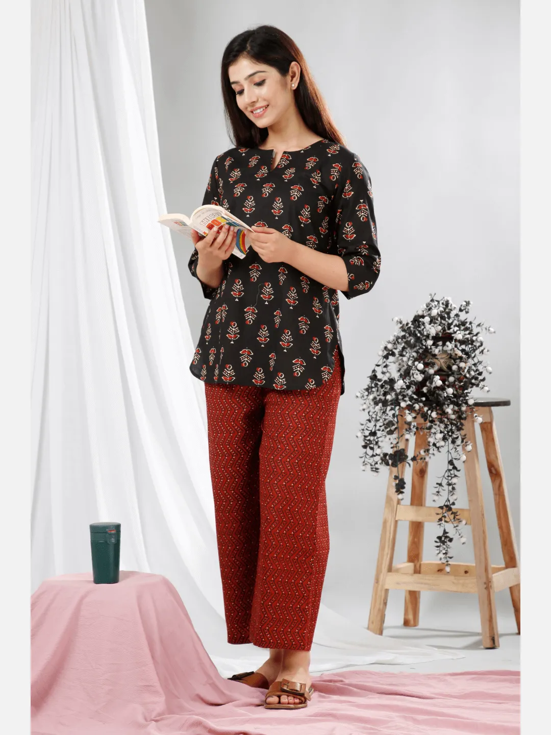 Black Hand Block Pure Cotton Lounge Wear