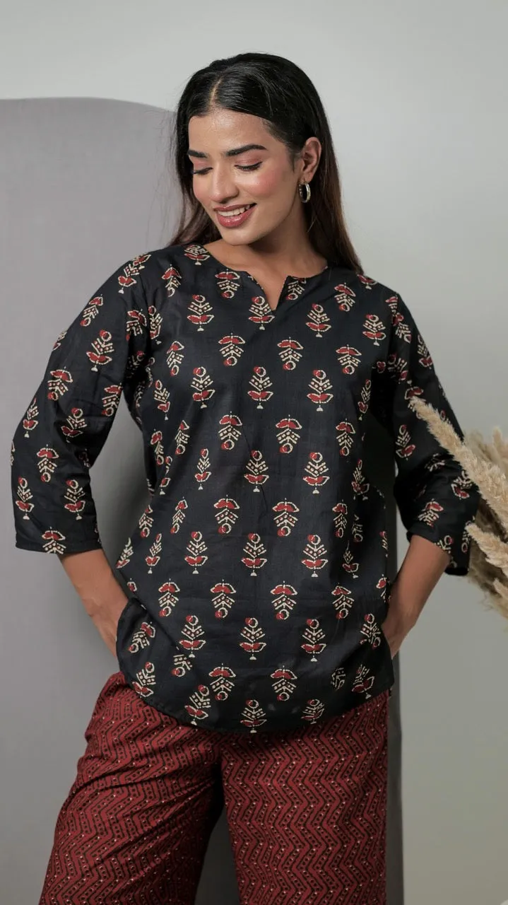 Black Hand Block Pure Cotton Lounge Wear