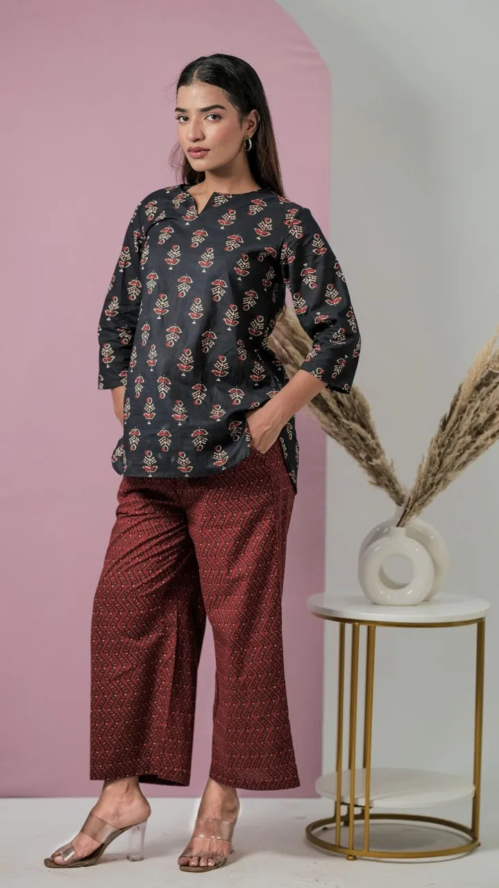 Black Hand Block Pure Cotton Lounge Wear