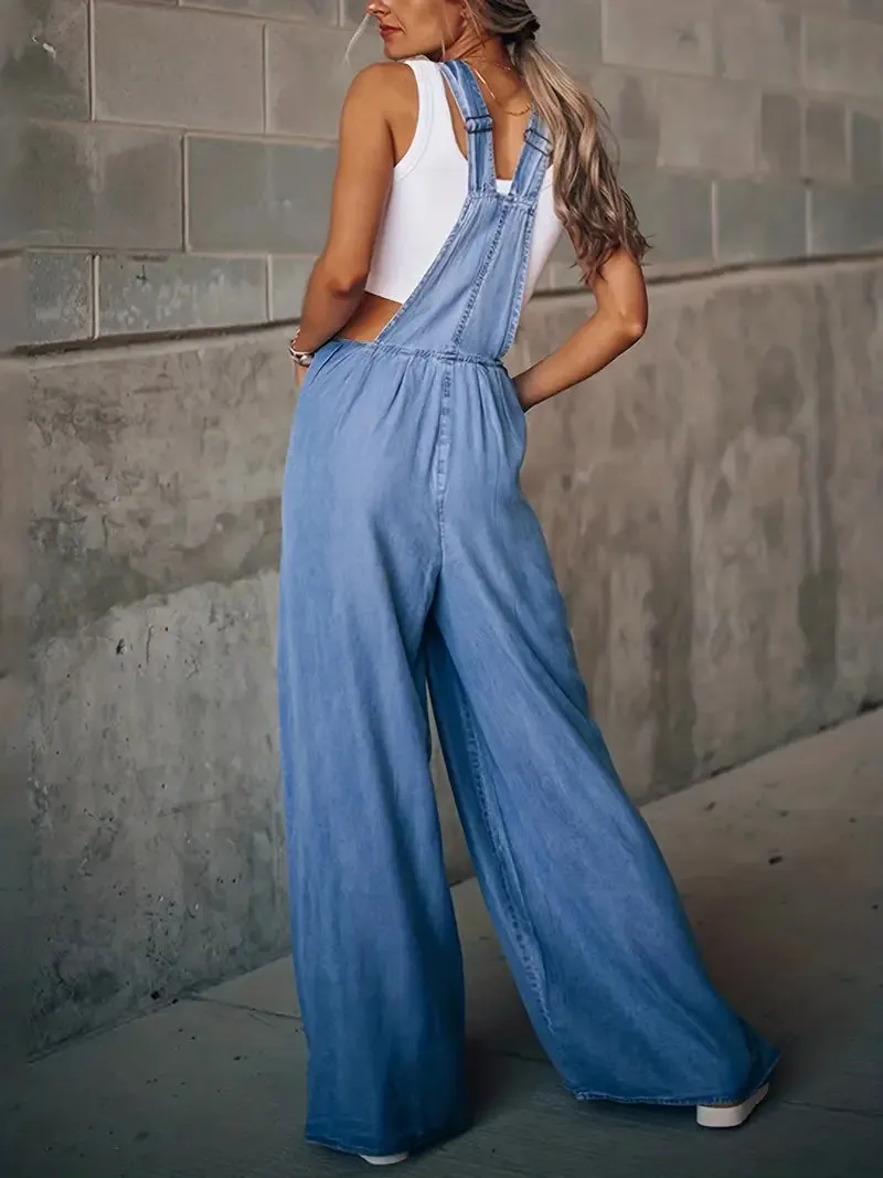 Boho Blue Denim Wide Leg Overalls Jumpsuit