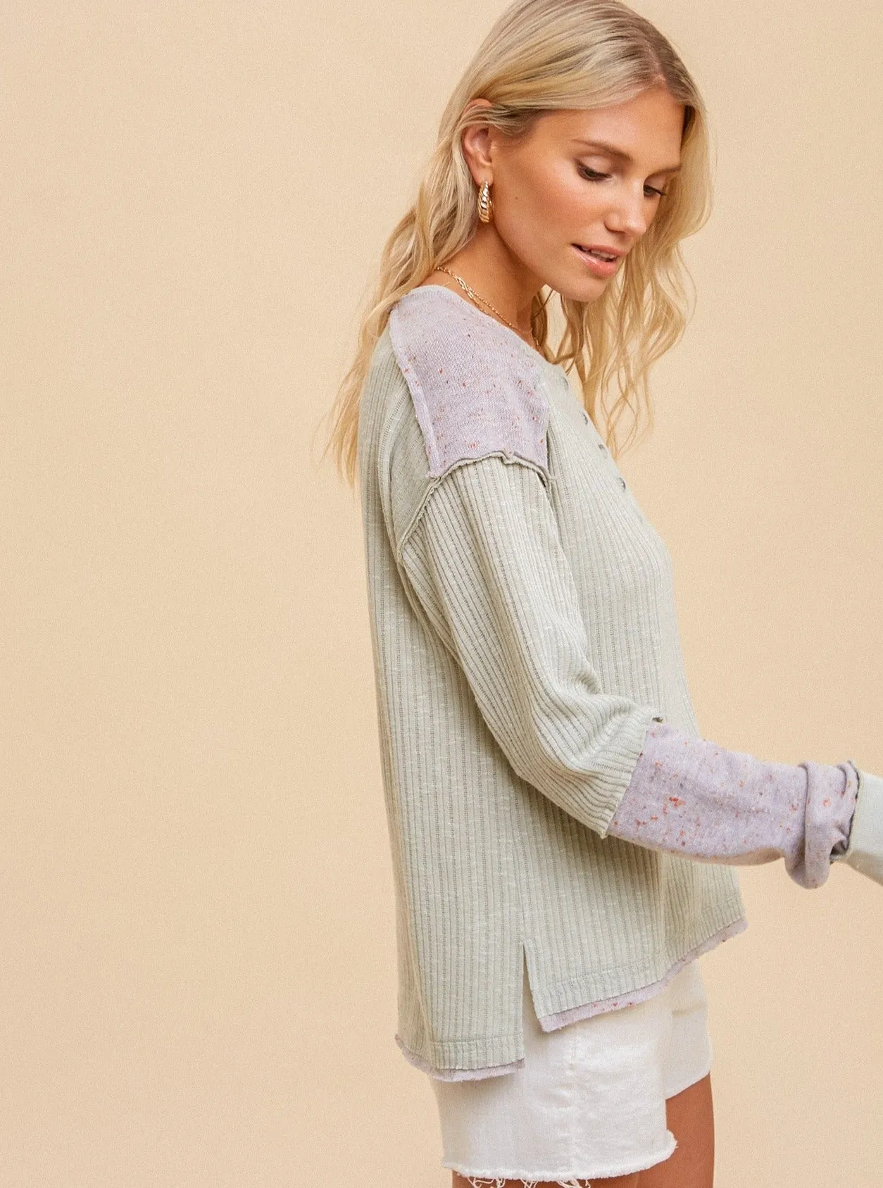 Boucle Knit Block Henley Top [Mint/Grey-33070F]