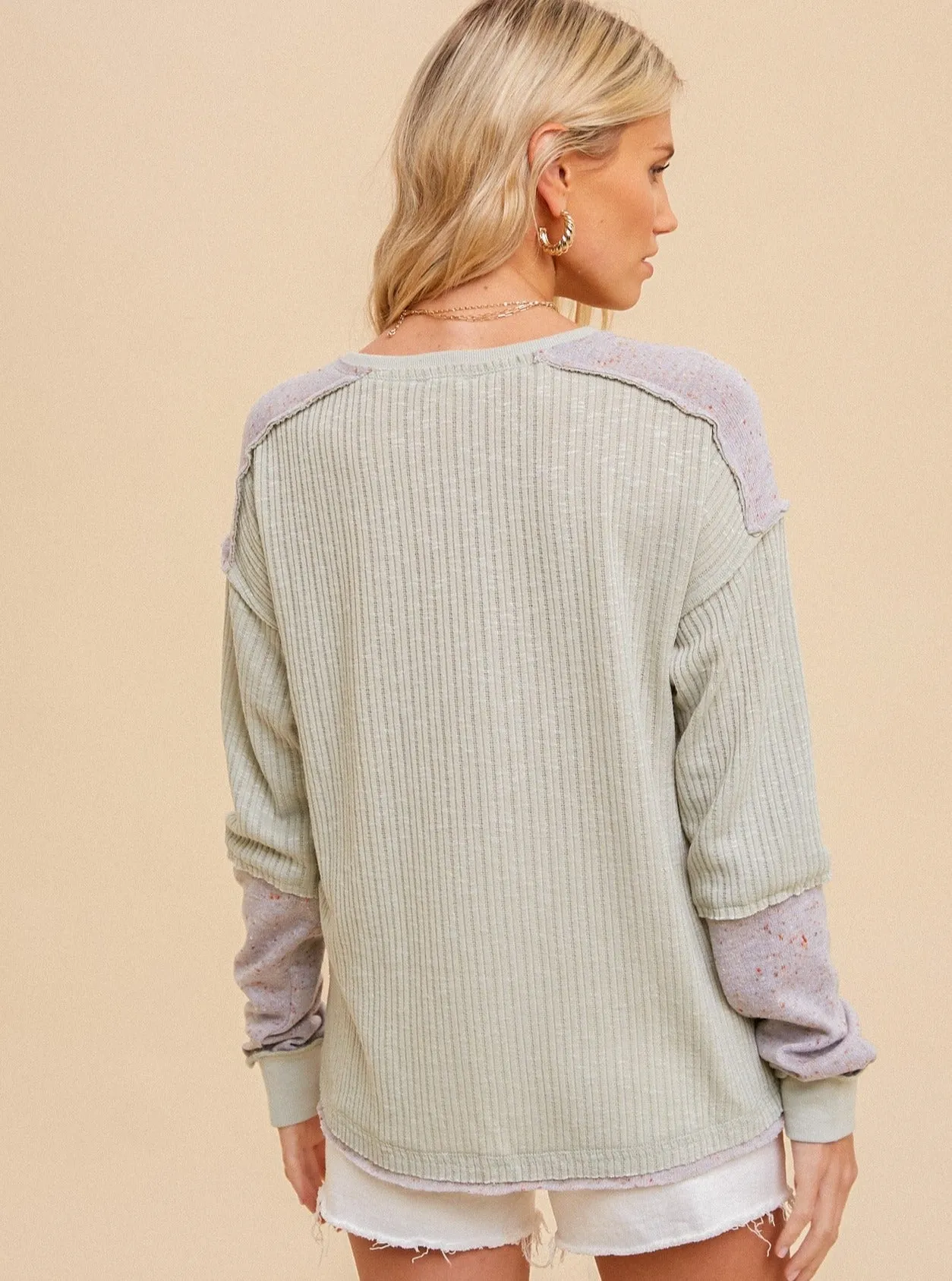 Boucle Knit Block Henley Top [Mint/Grey-33070F]