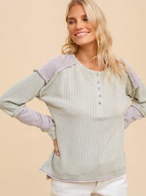 Boucle Knit Block Henley Top [Mint/Grey-33070F]