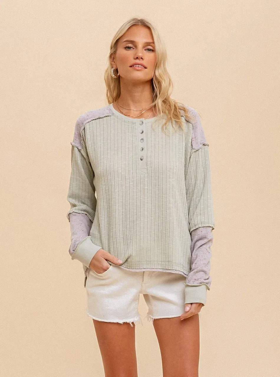 Boucle Knit Block Henley Top [Mint/Grey-33070F]