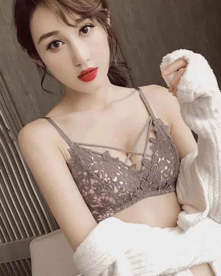 Brown Cross Bandage Lace Wireless Soft Padded - Bra Set