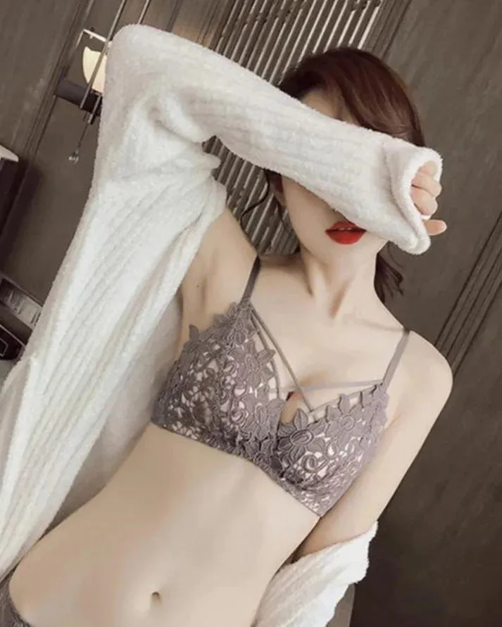 Brown Cross Bandage Lace Wireless Soft Padded - Bra Set