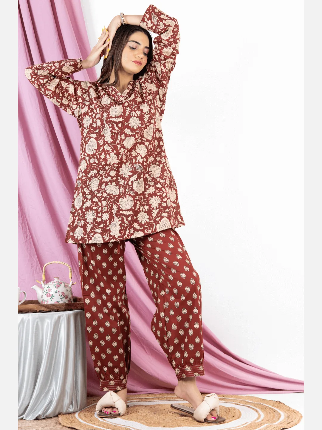 Brown V Neck Cotton Loungewear