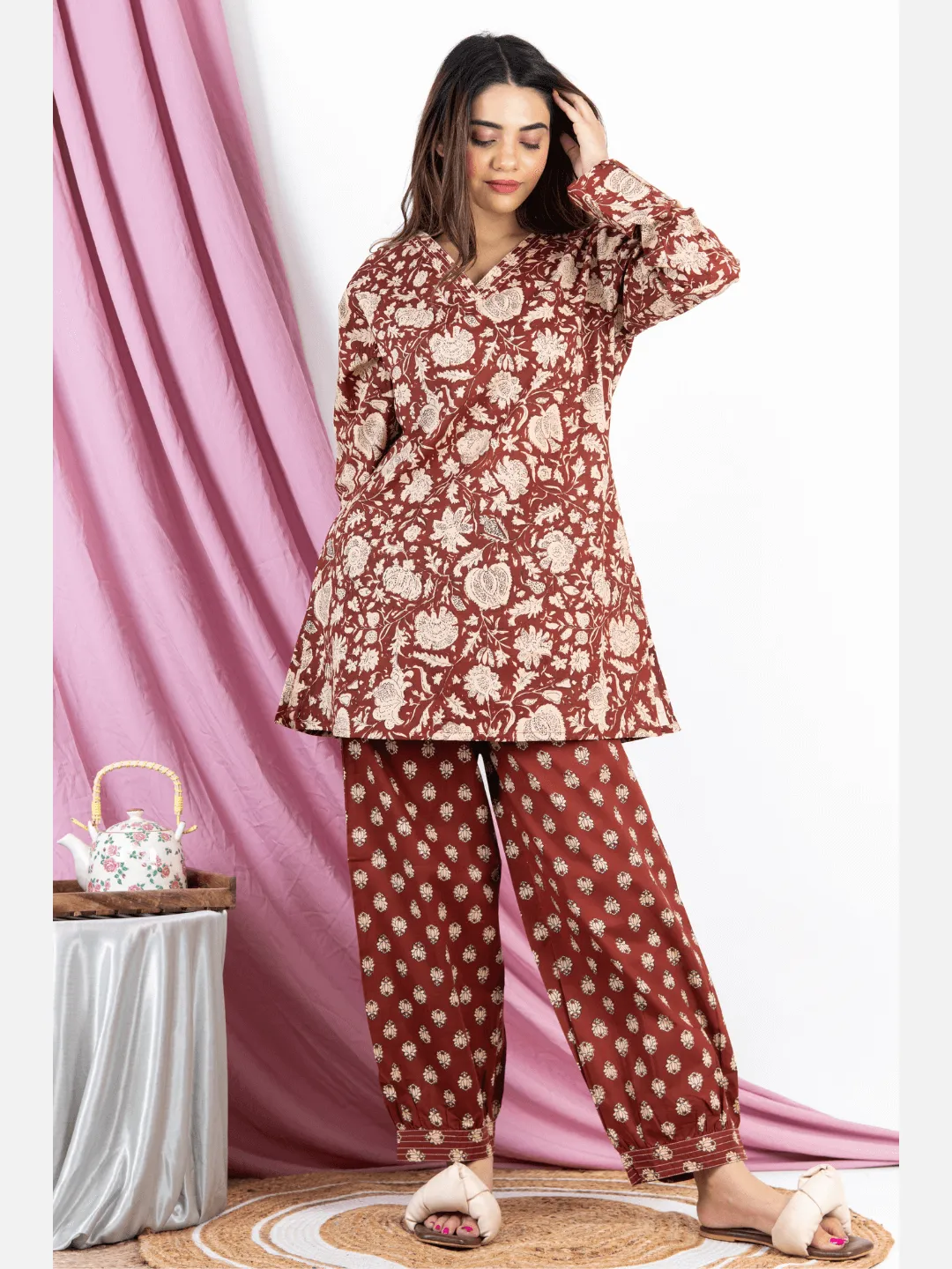 Brown V Neck Cotton Loungewear