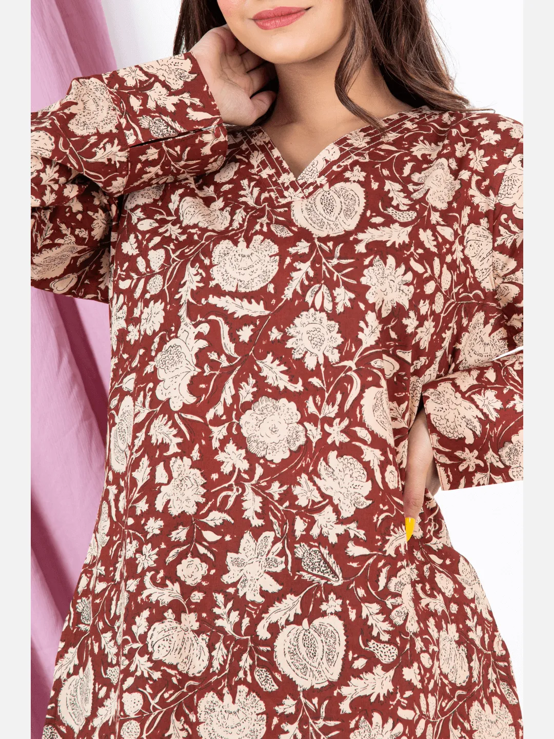 Brown V Neck Cotton Loungewear