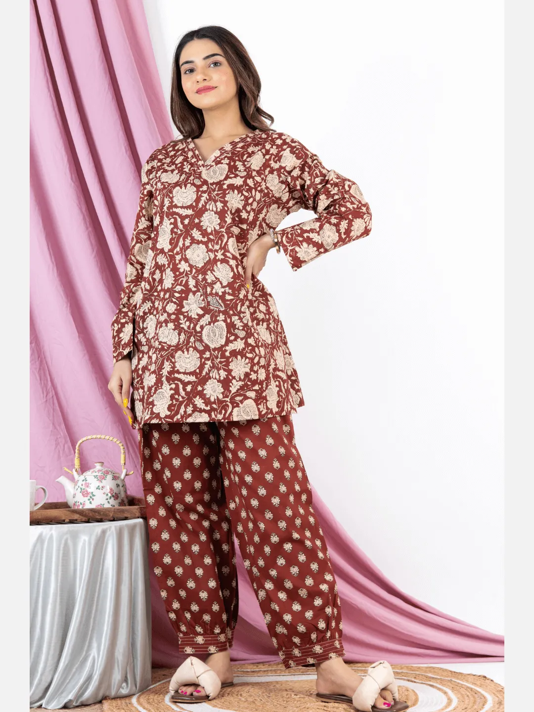 Brown V Neck Cotton Loungewear